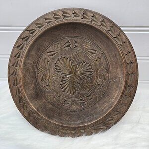 Vintage Dark Wood Platter Plate Carved Tooled Turned 8" Oriental Plate